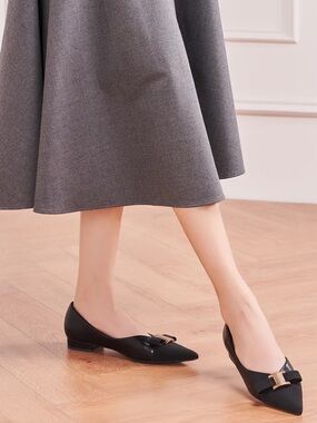 Black Pointed Toe Metal Tie Flats